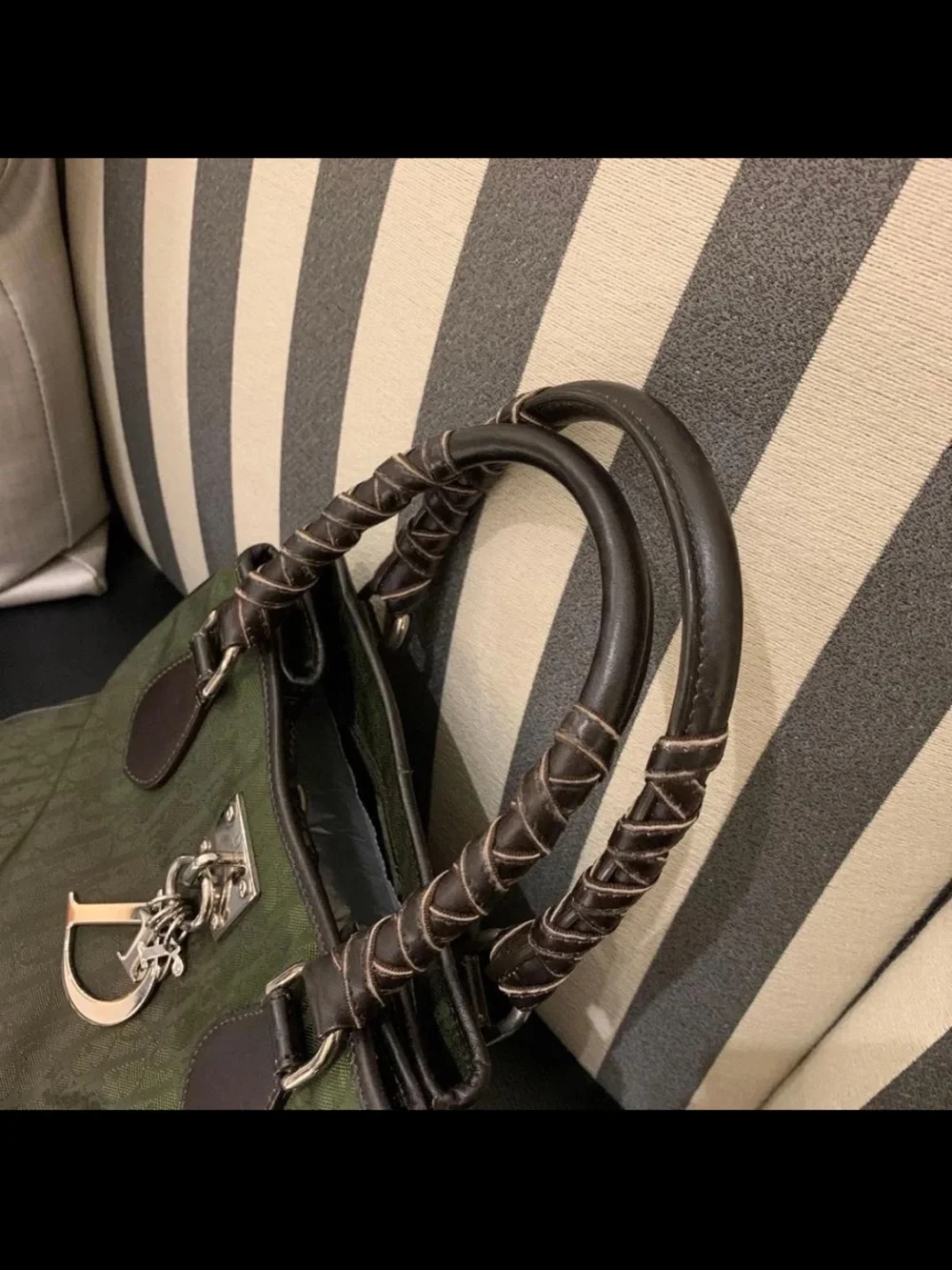 Dior Olive Green Monogram Satchel with Braided Dark Brown Handles